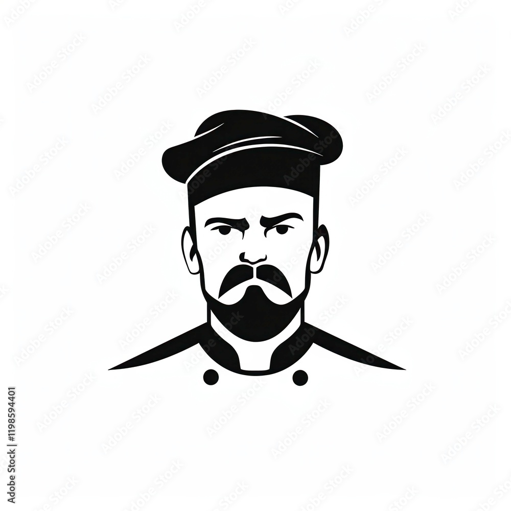 Poster chef icon in black and white flat design featuring a minimalistic style with a serious expression. g