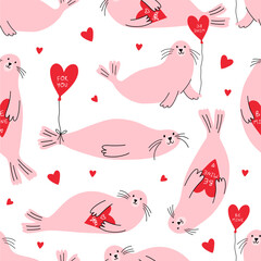 Cute cartoon Seal. Happy Valentine's Day vector card in flat style. Playful seamless pattern Seal with heart