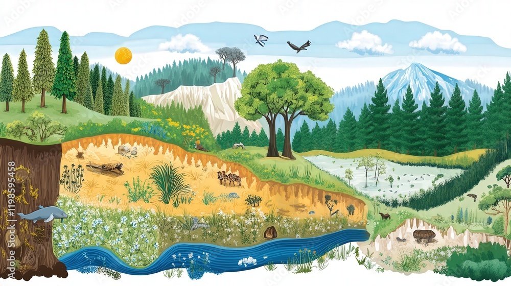 Poster diagram of a biome, showing the types of ecosystems that exist within a particular region,