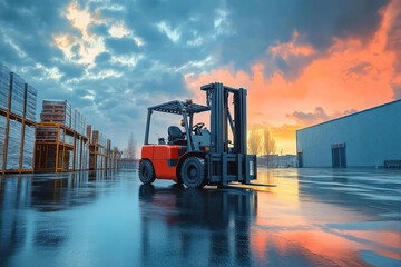 A vibrant forklift parked in a warehouse at sunset, showcasing industrial efficiency.