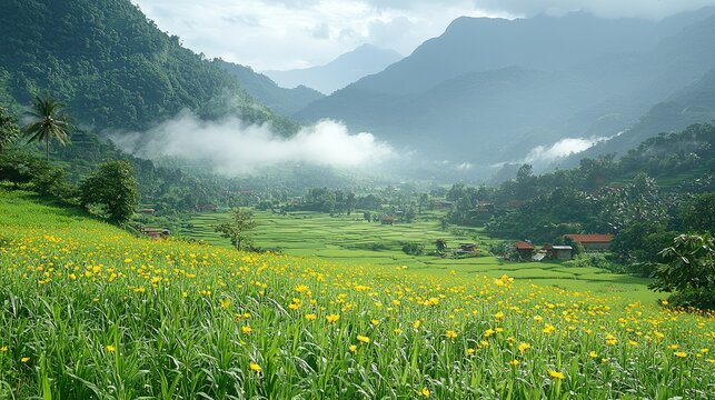 Serene Mountain Valley Rice Terraces Yellow Flowers