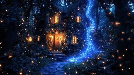 Enchanting Cottage Illuminated In A Magical Forest