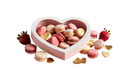 A delicate pile of heart-shaped macarons, love-themed chocolates, and strawberry-dipped treats spilling out of a luxurious gift box, surrounded by edible gold dust and soft pink lighting, on a white t