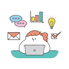 ビジネスアイコンとパソコン作業をする女性