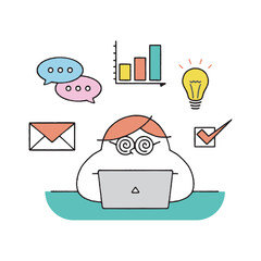 ビジネスアイコンとパソコン作業をするガリ勉男性