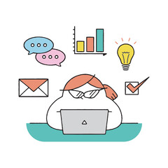 ビジネスアイコンとパソコン作業をするガリ勉女性