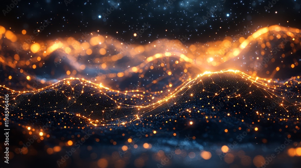 Poster abstract waves of light with glowing particles on a dark background.