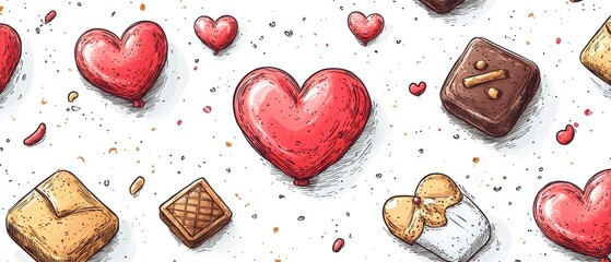 Fototapeta premium Colorful Hand-Drawn Chocolate and Heart Pattern on White Background