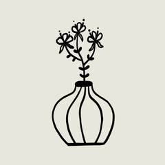 Naive Flower Pot Ceramic. Flowerpot Sketch Black Line Symbol. Stylized Whimsical Vector Element Decor