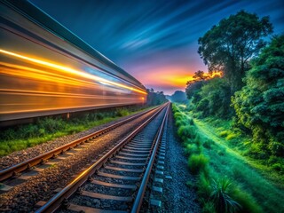 Naklejka premium Indian Train Night Long Exposure, Blurry Motion, Railway Tracks, Rural India, Low Light Photography
