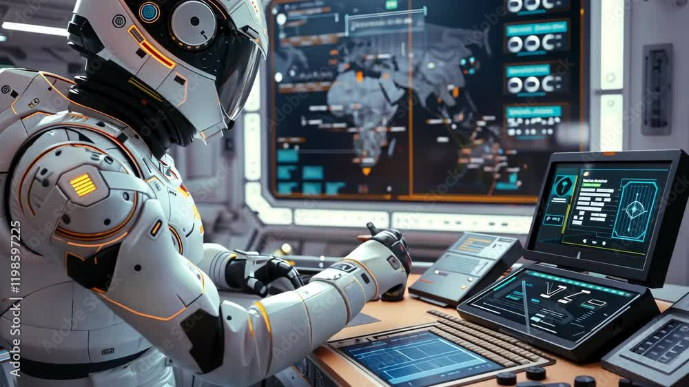 Poster robotic astronaut monitors mission data and performs calculations in futuristic spacecraft cabin