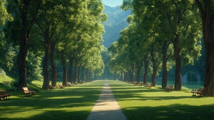 Serene park pathway lined with lush trees and benches, inviting relaxation by the tranquil lake