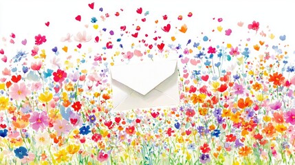Elegant opened envelope with half-exposed blank letter paper amidst vibrant flowers, symbolizing communication and beauty