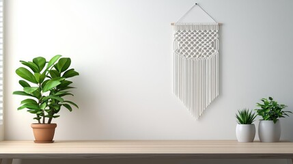 Fototapeta premium Minimalist room interior idea. Minimalist home decor featuring plants and wall hanging for a serene atmosphere.