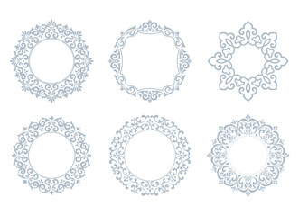 Set of decorative frames Elegant vector element for design in Eastern style, place for text. Floral gray and white borders. Lace illustration for invitations and greeting cards