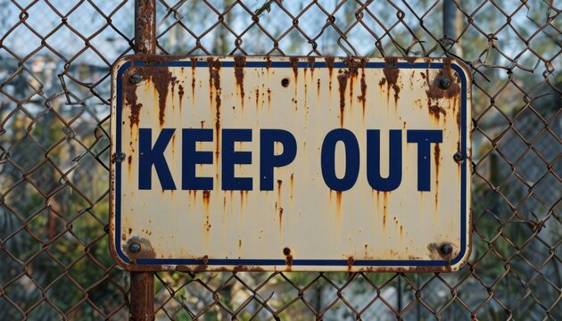 danger sign,Rusted metal sign with the text Keep Out attached to a chain link fence, symbolizing restriction and caution in a potentially hazardous area, created with generative ai