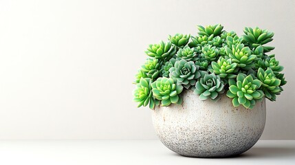 A vibrant arrangement of succulent plants in a decorative pot on a minimalist surface.