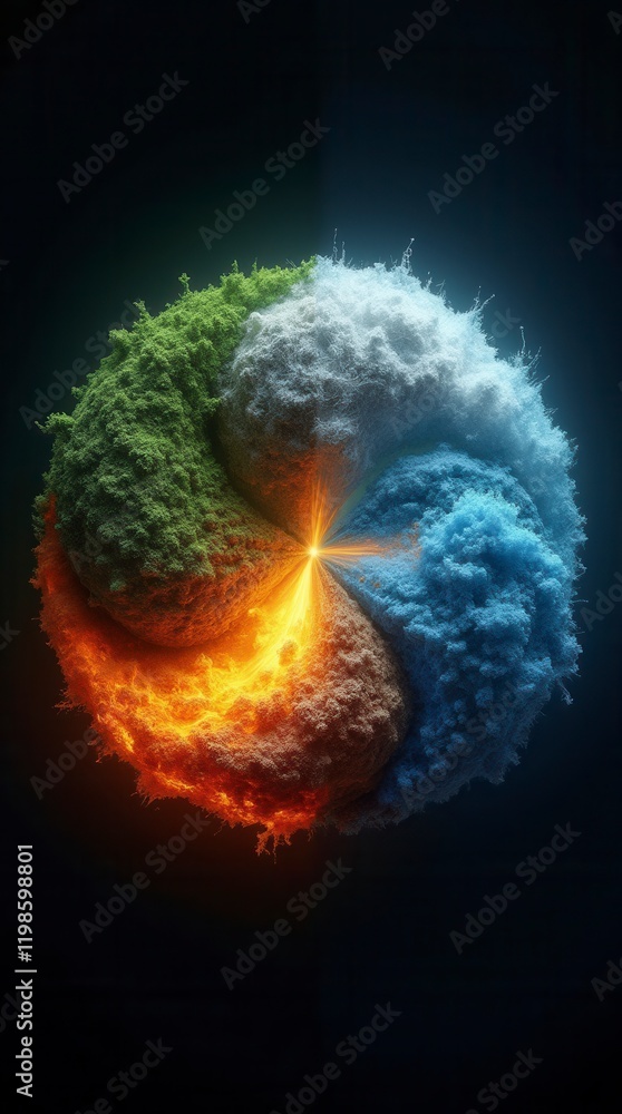 Poster the four elements of nature in a breathtaking creative design. all four elements forming a circular 