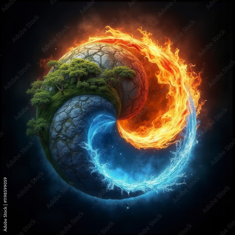 Poster the four elements of nature in a breathtaking creative design. all four elements forming a circular 