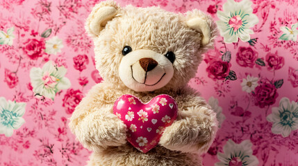 Soft and cuddly teddy bear holding a heart-shaped gift on a floral pink background