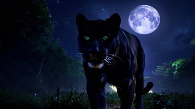 Art illustration of a wild black panther, silhouette captured in all its splendor in night blue moonlight, it&rsquo;s a realistic vector with fireflies in the background videos