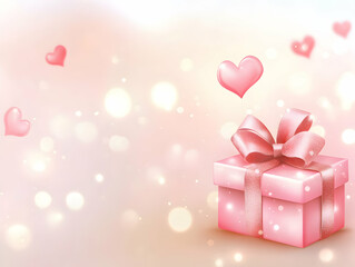 Valentines Day greeting card with a gift placed on a bokeh light background