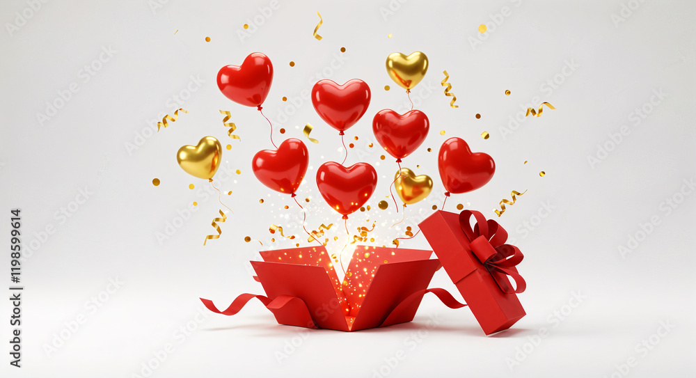 Poster exploding box with balloons and hearts for valentine's day . generative ai