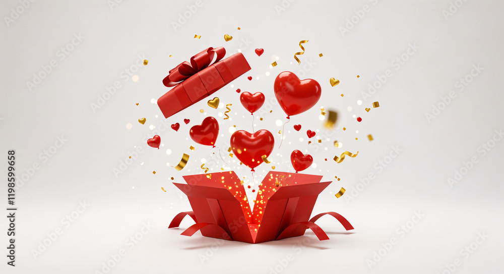 Poster exploding box with balloons and hearts for valentine's day . generative ai