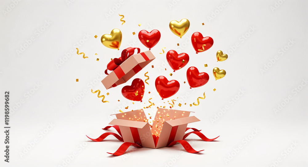 Poster exploding box with balloons and hearts for valentine's day . generative ai