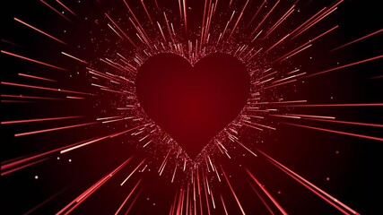 Radiant Heartburst with Red Light Streaks glowing red heart surrounded by vibrant streaks of red light radiating outward, set against black background, romantic and festive themes
