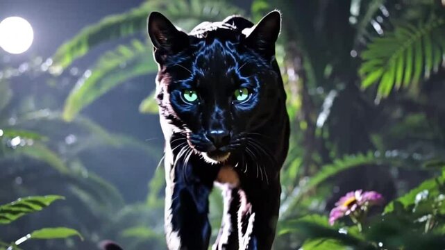 Art illustration of a wild black panther, silhouette captured in all its splendor in night blue moonlight, it&rsquo;s a realistic vector with fireflies in the background videos