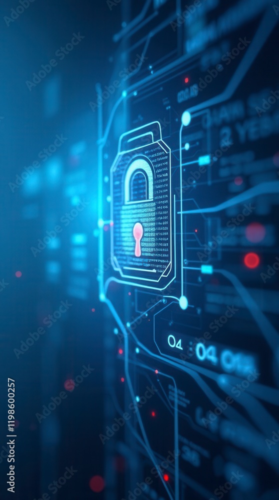 Poster abstract cyber security concept with a padlock icon, network data and dynamic lines on a light blue 