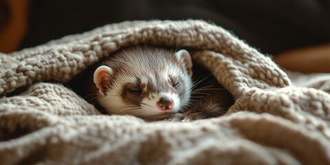 Ferret sleeping cozy blanket indoors. Pet warmth