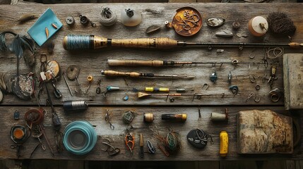 Anglers fishing equipment arranged on weathered wood