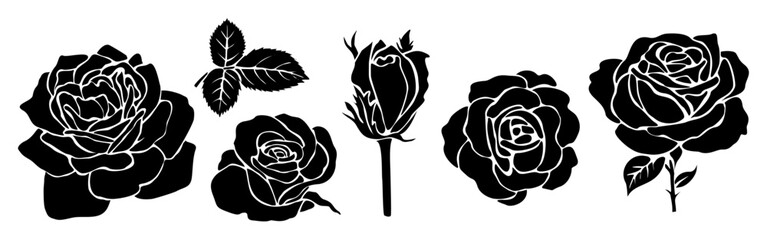 Set of black silhouettes of decorative fresh blossoming rose with steam and leaves. Hand drawn outline flower icon. Vector monochrome illustrations isolated on transparent background.