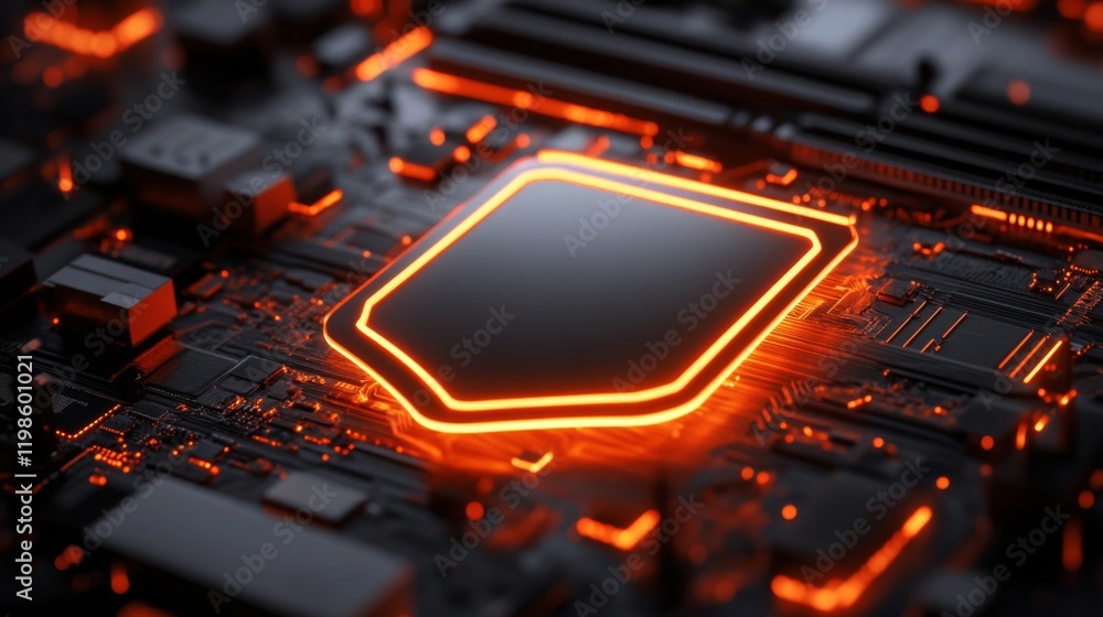 Poster glowing computer chip on circuit board