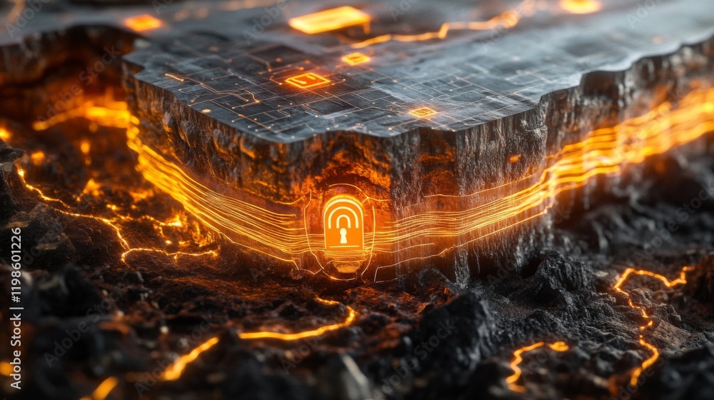 Poster abstract digital security concept with glowing lines and lava texture