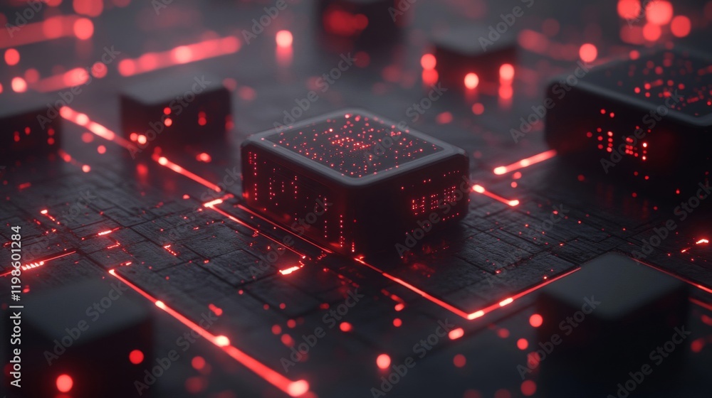 Poster glowing red cubes on a circuit board: abstract technology background