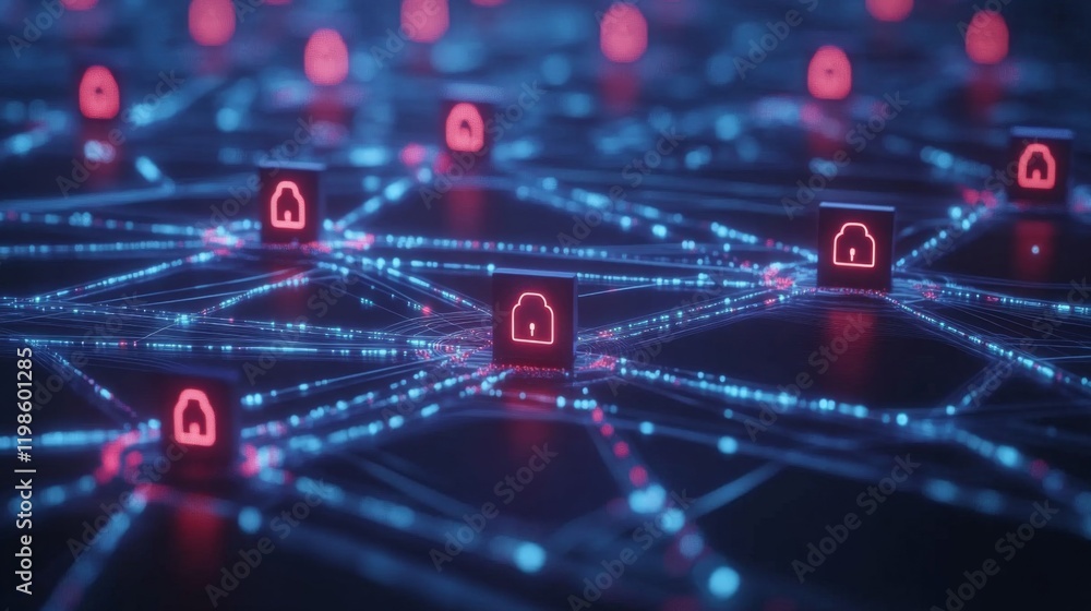 Poster abstract network security visualization with glowing nodes and connections