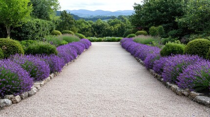 Lavender garden path, scenic view, tranquil landscape, peaceful retreat