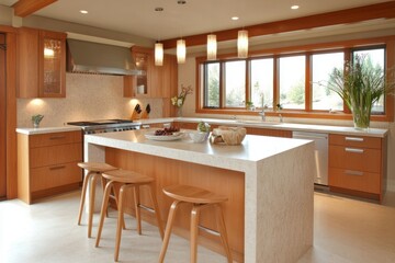 Modern Kitchen Island with Wooden Cabinets and Island Seating