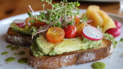 fresh and light vegetarian avocado toast topped with cherry tomatoes, radishes, and microgreens