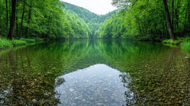 Serene mountain lake reflects lush green forest; tranquil nature scene, ideal for travel brochures