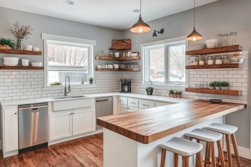 Fototapeta premium Modern Farmhouse Kitchen Island and White Cabinets