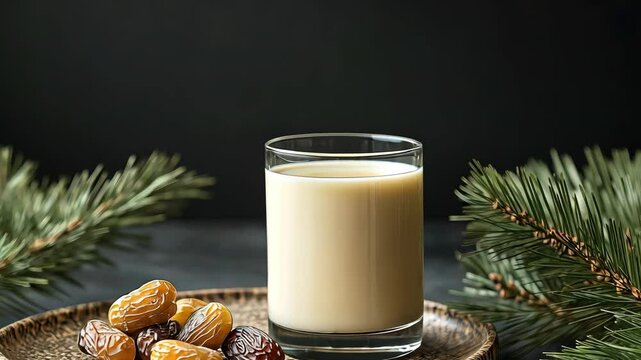 Ramadan cuisine and beverages Karim, a dish of dates, a glass of milk, and a date palm branch

