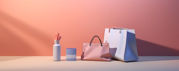 Elegant minimalistic shopping packages on a soft pastel gradient surface