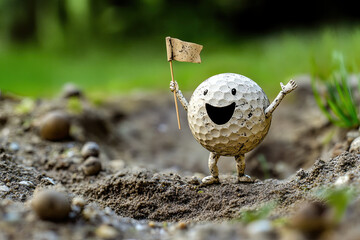 Fototapeta premium A golf ball rolling into a hole, holding a tiny flag and celebrating