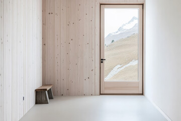 Minimalist interior with wooden accents and mountain view in serene environment