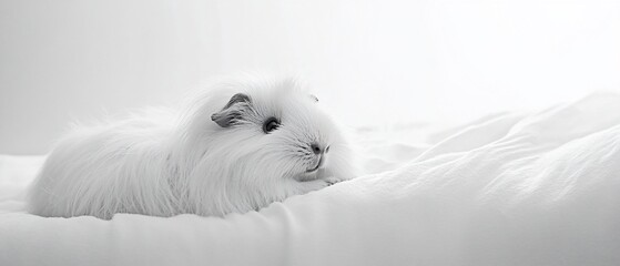 Fototapeta premium Fluffy white guinea pig rests on bed. Peaceful pet