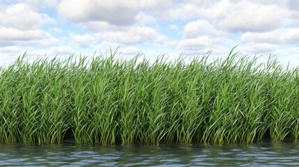 Fototapeta premium Lush Green Grass by Water Summer Sky Background Nature Scene Plants Wetland Riverbank